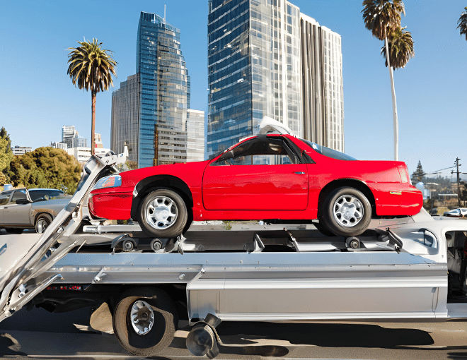 A silver tow truck lifts a red car from the roadside, with San Jose cityscape in the background.