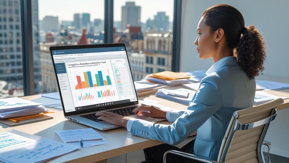 Political analyst reviews language data on laptop in bright city office.