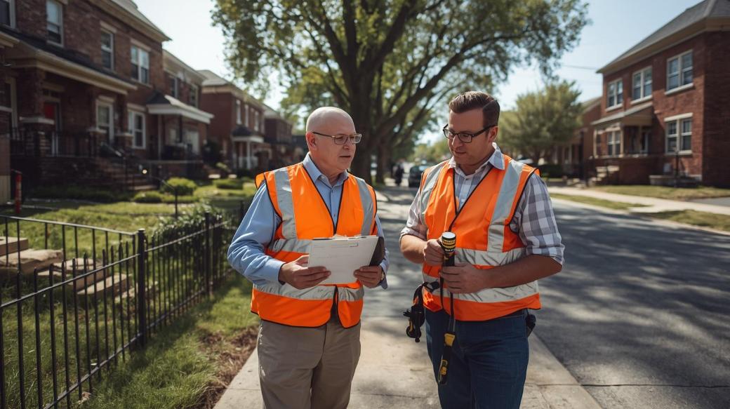 City leader and pest technician discussing neighborhood health during sunny Buffalo street inspection.