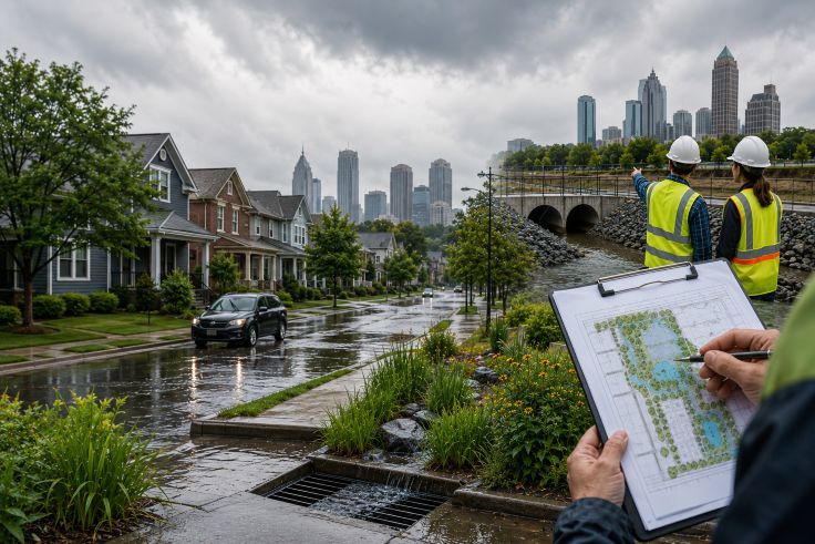 Urban drainage inspection on rainy day